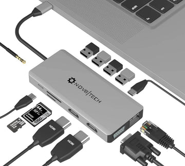 NOV8TECH 13-in-1 USB-C Hub Triple Display Screen Multiport Adapter with 2 HDMI VGA Gigabit Ethernet USB C 100W Charging & Data 3.5mm Audio SD/Micro SD Card Reader 3x USB 3.0 - Imported from UK